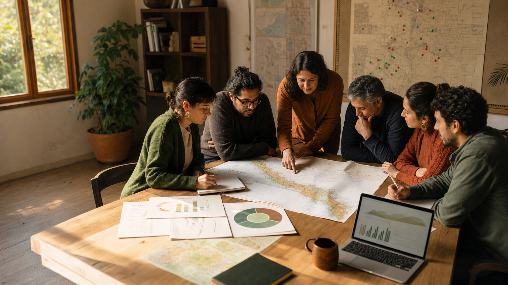Equipo analizando un mapa territorial y datos cooperativos